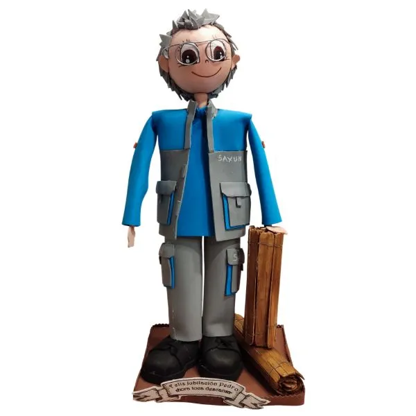 Fofucho personalizado jubilación para trabajador con uniforme azul y gris de Saxun, gafas y cartel decorativo